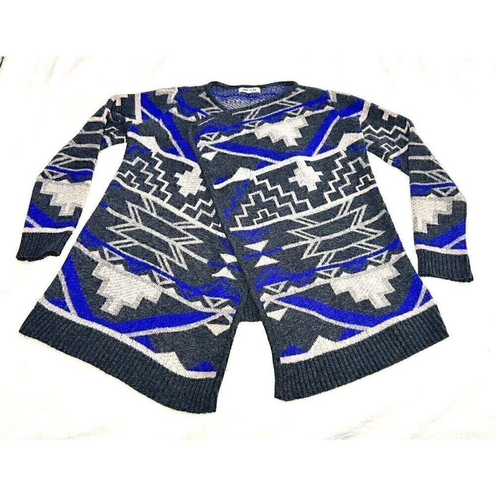 Miracle Aztec Tribal Southwestern‎ Blue Long Open Cardigan Size S/M Wool Blend